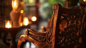 The soft light of the candles enhancing the natural beauty of the wooden chairs and their intricate carvings. 2d flat cartoon photo