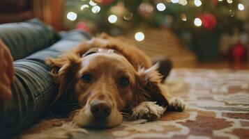 el familia perro chinos arriba a el pies de sus propietarios contenido a ser parte de el festividades foto