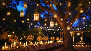 Lanterns and string lights hang above casting a magical glow over the entire outdoor area accentuating the candlelit arrangements. 2d flat cartoon photo