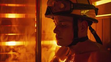 un bombero utilizando el sauna como un espacio para introspección y reflexión diario y mentalmente preparando para mañana retos foto