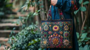 un mujer participación un hermosamente hecho a mano totalizador bolso hecho desde reciclado materiales y adornado con intrincado bordado foto