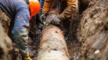 The completion of a section of underground infrastructure with workers using tools to test for any leaks or issues photo