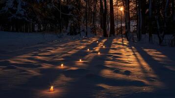 oscuridad bailando en el nevado suelo como el velas parpadeo en el brisa. 2d plano dibujos animados foto
