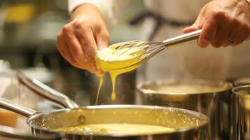 A class learning how to make a classic French hollandaise sauce using the doubleboiler od and constant whisking photo