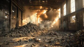 Controlled explosions through the walls of an old factory reducing it to a pile of rubble photo