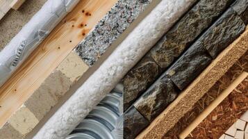 A collage of different types of insulation materials with captions explaining the benefits of each and how they can be used in different areas of a home photo