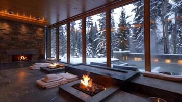 Large windows offer a stunning view of the snowy landscape outside while the crackling fire inside adds to the cozy atmosphere of the spa. 2d flat cartoon photo