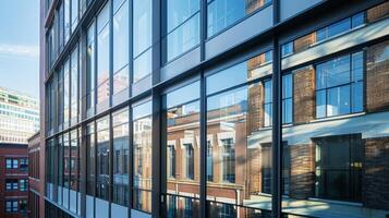 Reflecting the surrounding cityscape the newly installed windows glint in the sun adding a modern touch to the buildings facade photo