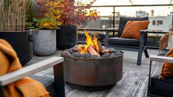 The scent of wood smoke from the fire pit adds to the rustic charm of the rooftop making it a charming escape from the hustle and bustle of the city. 2d flat cartoon photo