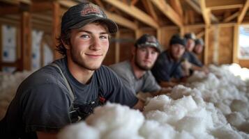 In a suburban neighborhood a group of volunteers works together to blow in loosefill fibergl insulation into a new community center creating an energyefficient space for all photo