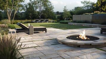 Natural stone tiles surround the contemporary fire pit blending seamlessly with the surrounding landscape. 2d flat cartoon photo