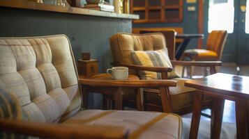 un acogedor esquina con confortable sillas dónde clientes lata sentar y disfrutar su chai lattes foto