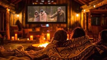 Snuggled up in blankets guests watch the movie with the mesmerizing backdrop of candles and a roaring fire. 2d flat cartoon photo