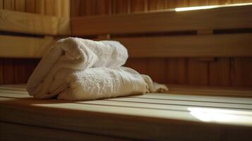 un toalla descansa pulcramente en el sauna banco Listo a ser usado a limpiar el sudor desde un agradecido rostro. foto