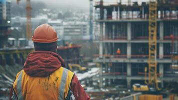 Amidst a flurry of activity a worker stands confidently at the edge of a construction site guiding a crane operator as they maneuver a load overhead photo