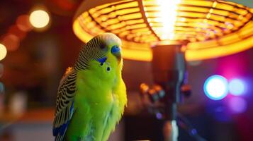 A parakeet sitting under a heat lamp being groomed and styled by a skilled feather spet photo