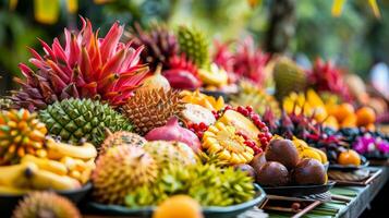 A stunning array of exotic fruits displayed on a long table eagerly inviting tourists to taste and explore their flavors photo