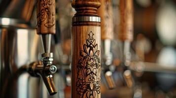 A detailed shot of a handcrafted wooden tap handle adorned with intricate designs and a unique logo representing the home brewers brand photo