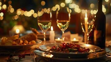 un romántico alumbrado por velas cena para dos presentando sano nutritiva platos foto