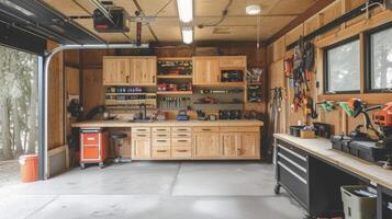 A garage turned woodworking haven with custombuilt cabinets for tool storage a large workbench with builtin power outlets and a designated area for ting and sanding photo