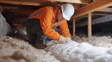 A photo of a technician inspecting existing insulation in a crawl space noting areas that need to be patched or rep for maximum effectiveness