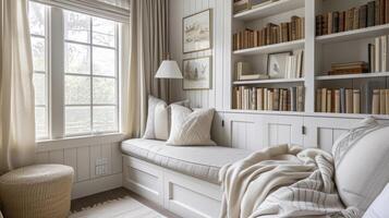 A cozy reading corner in a bedroom complete with a plush cushioned bench a builtin bookshelf and a vintage table lamp. The soft muted color palette and natural textures mak photo