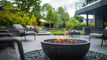A minimalist fire pit encircled by sleek black chairs creating a chic and functional outdoor seating area. 2d flat cartoon photo