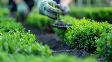 A team of landscapers planting rows of perfectly manicured hedges to enhance the elegant appearance of the front yard photo