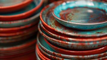 A stack of plates their glossy surfaces showcasing a beautiful blend of turquoise and deep red created through soda firing. photo