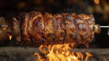 A succulent whole hog slowly rotating on a spit its golden skin crispy from the heat of the roaring fire photo