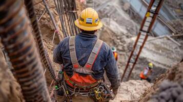 un construcción trabajador vistiendo un aprovechar es visto descendente dentro el excavación sitio utilizando un sy escalera siguiendo apropiado la seguridad medidas mientras entrando y saliendo el zona foto