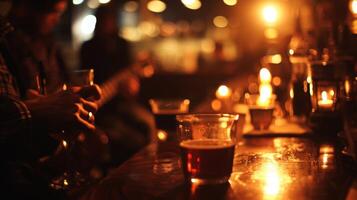 A dimly lit bar setting but instead of alcohol people are holding cups of tea or coffee as they belt out classic tunes photo