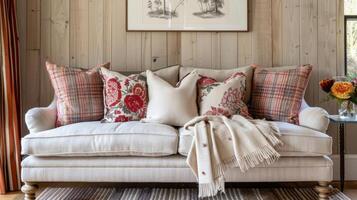 Handstitched cushions and throws adorn a bespoke sofa each detail chosen and personalized by the customer to perfectly match their home decor photo