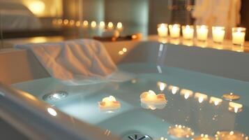 A spalike bathroom with an LED candle array around the bathtub creating a calming ambiance. 2d flat cartoon photo