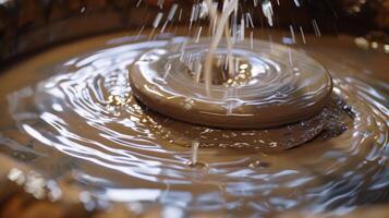 A potters wheel spinning accompanied by the gentle sound of water dripping into a nearby basin. 2d flat cartoon photo