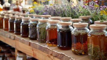 un mesa cubierto en frascos de hecho en casa herbario jarabes cada uno hecho con un único combinación de hierbas y endulzado con miel foto