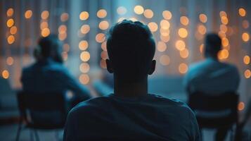 A man sits in a group therapy session discussing insights from a personal growth podcast with the other members photo