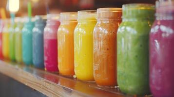 A of mason jars filled with different colored smoothies each with a unique mix of ingredients photo