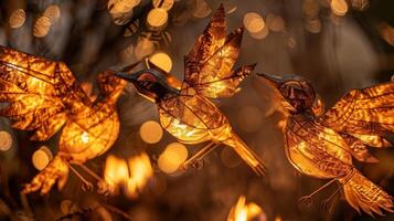 un trío de metal aves parece a ven viva en el calentar resplandor de el fuego su alas untado amplio como Si tomando vuelo. 2d plano dibujos animados foto