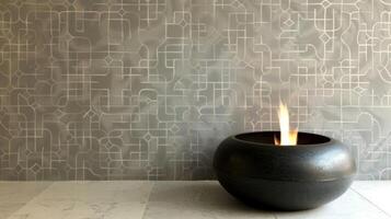 The minimalist fire orb stands tall its slim silhouette framed by a geometric patterned wallpaper. 2d flat cartoon photo