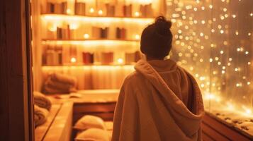 un persona envuelto en un calentado túnica pisar fuera de un sauna y dentro un acogedor invierno relajación habitación lleno con libros calentar mantas y suave Encendiendo. foto