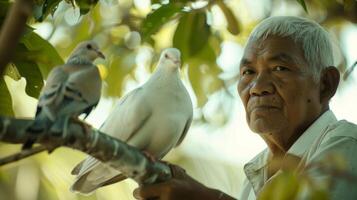 The doves perched on nearby branches seem to be captivated by the mans presence photo