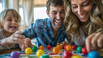 un familia disfrutando un juego de bingo juntos vocación fuera números y victorioso pequeño premios foto