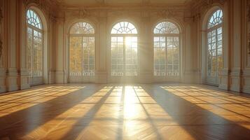 An image of a brightly lit room with sunlight streaming in through the windows and beautifully highlighting the shadows and depth created by the crown molding on the ceiling photo