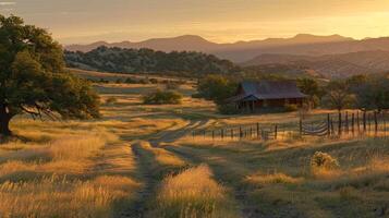 The ranch is bathed in a soft orange light as the sun continues to rise giving the landscape an ethereal feel photo