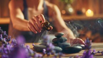 A woman pouring lavender oil onto hot stones in a sauna creating a relaxing and theutic aroma for her menopause management session. photo