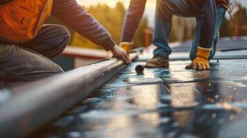 Two workers carefully unrolling large sheets of roofing material on the roofs edge before securing them into place photo