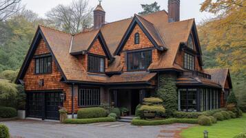 Bold and eyecatching red shingles bringing a pop of color and character to the roof of this traditionalstyle house photo