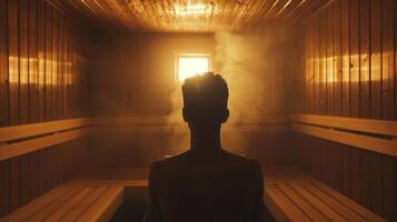 A person sitting in the sauna with their skin glowing and appearing rejuvenated. photo