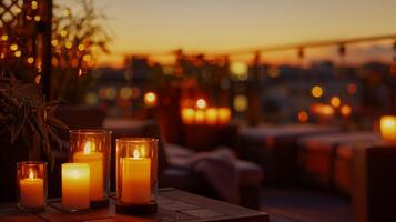 With the city lights ling in the background the rooftop terrace is bathed in the soft glow of candlelight creating a serene and romantic atmosphere. 2d flat cartoon photo